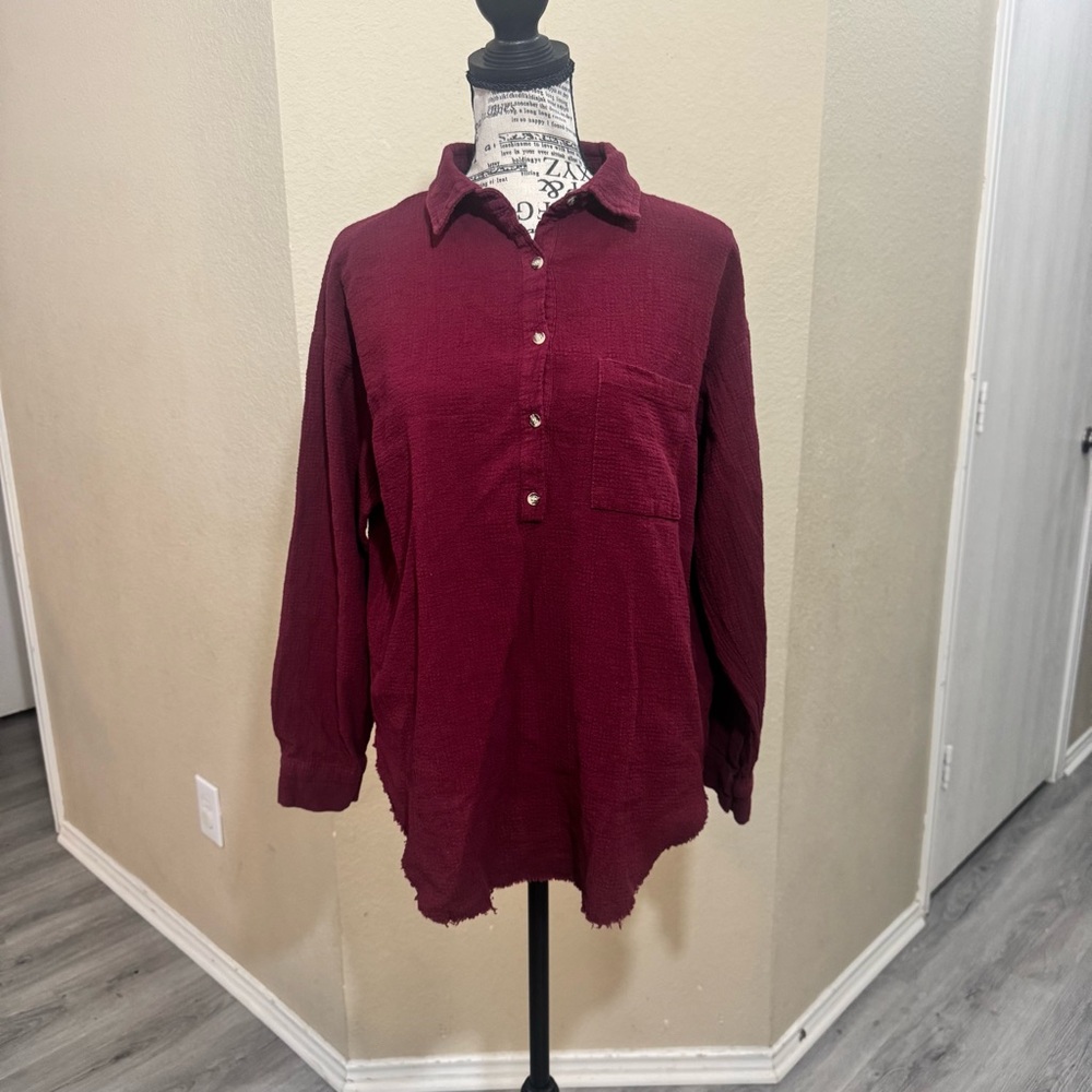 Umgee Deep Red Casual Button‎ Down Shirt